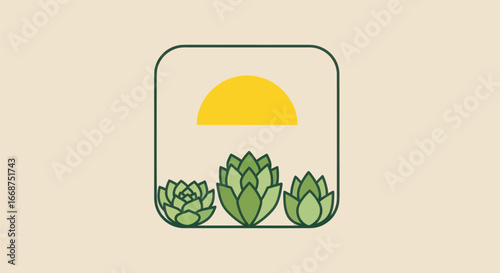 Minimalist Artichoke Garden Sunrise Illustration.