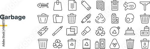 Garbage and recycling icon set including trash can, recycle bin, plastic bottle, paper waste, food waste, eco-friendly waste management illustration