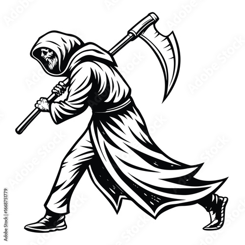 Stylized Grim Reaper Walking with Scythe Black and White Illustration death skeleton