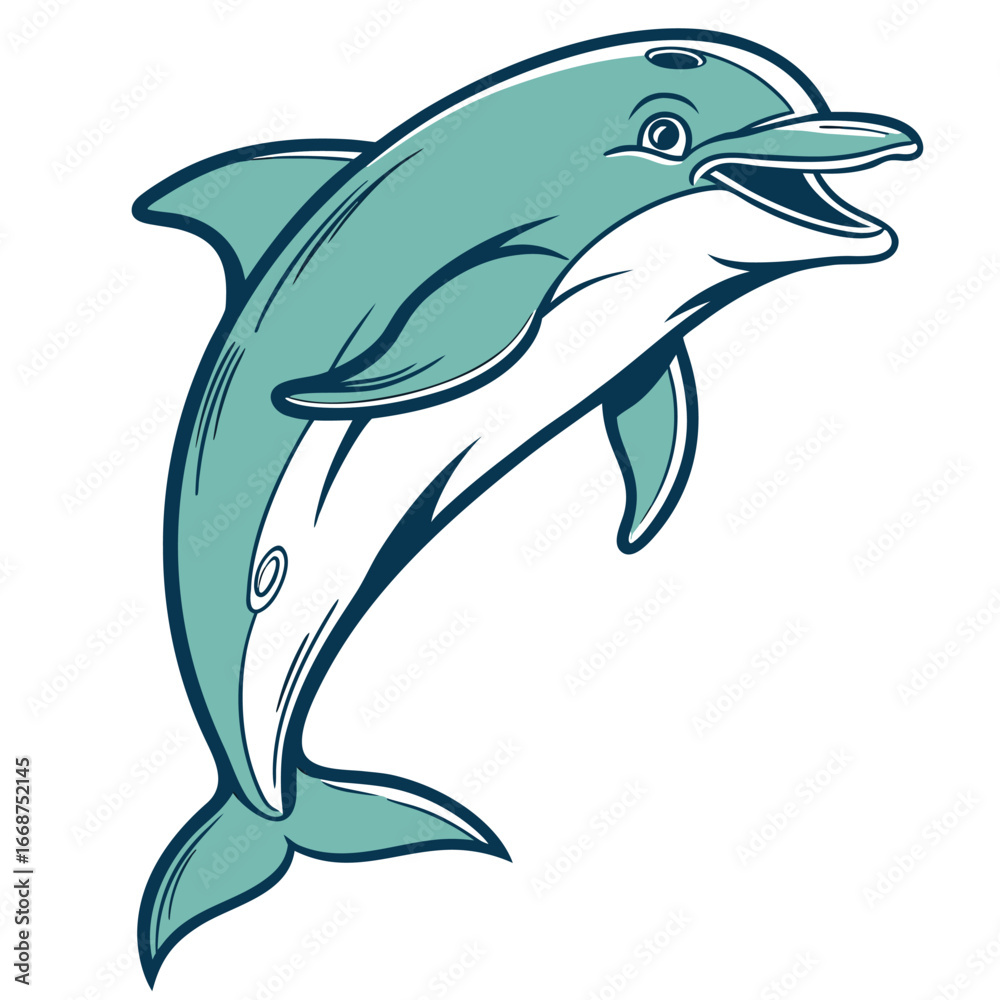 Fototapeta premium Stylized Teal Dolphin Leaping with Open Mouth and Dark Blue Outline animal ocean