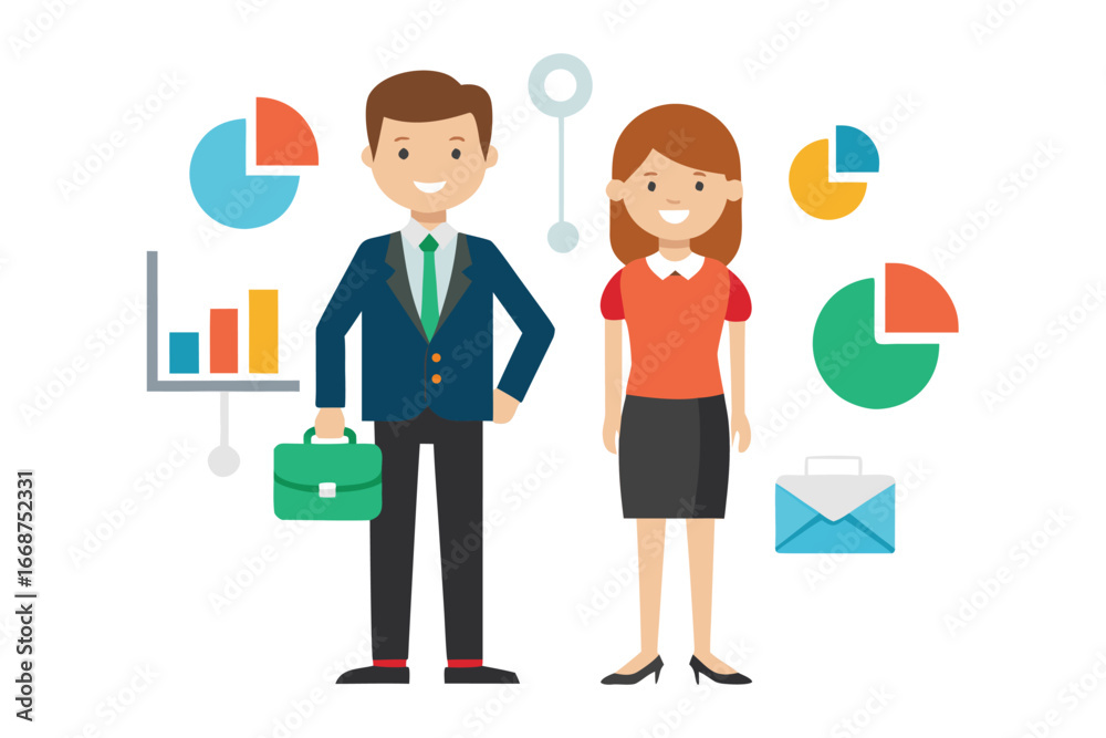 Fototapeta premium Business Team Cartoon Characters with Charts and Graphs on White Background