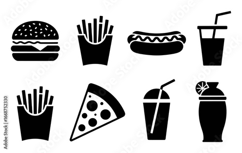 Black and White Icons of Popular Fast Food Items and Drinks