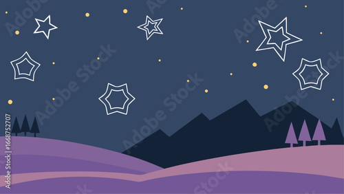Enchanting starry night over serene mountains and rolling hills, a peaceful winter landscape.