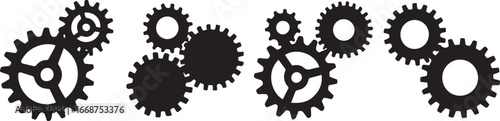 Set of black gear and cogwheel icons representing machinery, teamwork, engineering, mechanics, automation, process management, system development, and industrial technology design
