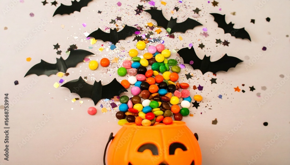 Fototapeta premium Halloween treats spilling from a pumpkin pail, surrounded by bats and confetti, overhead view