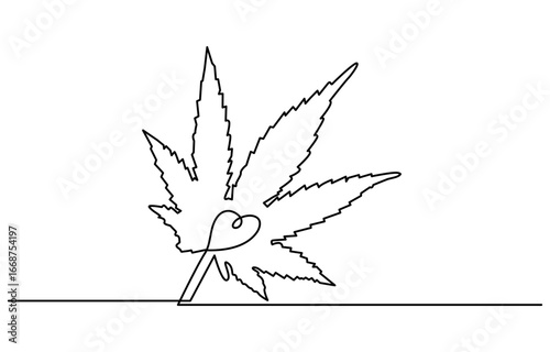 Continuous editable one line drawing of a cannabis leaf as a minimalist marijuana icon in black and white style