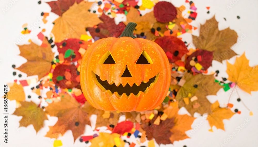 Fototapeta premium Festive Halloween Pumpkin Surrounded by Autumn Leaves and Confetti