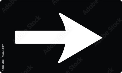 Bold white right arrow symbol against a solid black rectangular background for directional navigation vector