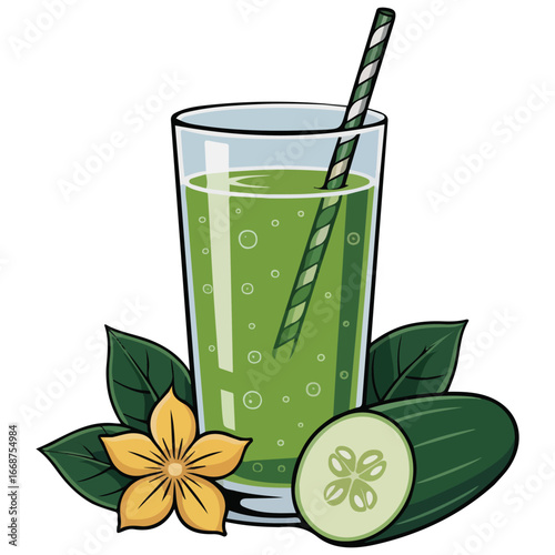 Fresh green cucumber juice glass weight loss diet smoothie isolated vector illustration on white background