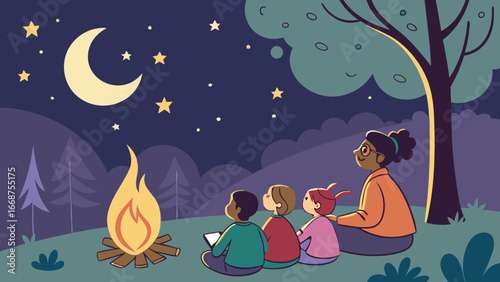 Joyful children gaze at starry night sky, mesmerized by campfire stories under a glowing moon.