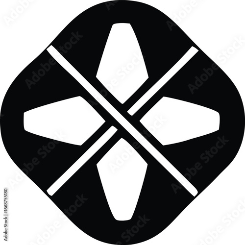 Abstract geometric emblem symbol featuring intersecting lines and stylized four-petal shape in black and white monochromatic design for branding and graphics