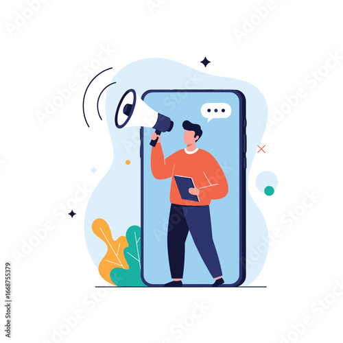Person with megaphone announcing news through mobile phone screen