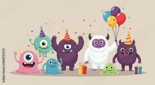 This Flat Design illustration depicts a lively group of diverse, friendly monster characters, including a one-eyed blob, a furry yeti, and a slime creature, happily gathered for a festive party