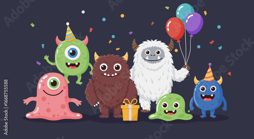 This Flat Design illustration depicts a lively group of diverse, friendly monster characters, including a one-eyed blob, a furry yeti, and a slime creature, happily gathered for a festive party