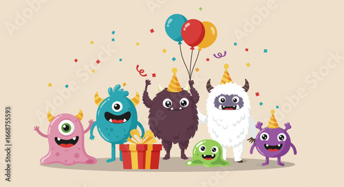 This Flat Design illustration depicts a lively group of diverse, friendly monster characters, including a one-eyed blob, a furry yeti, and a slime creature, happily gathered for a festive party
