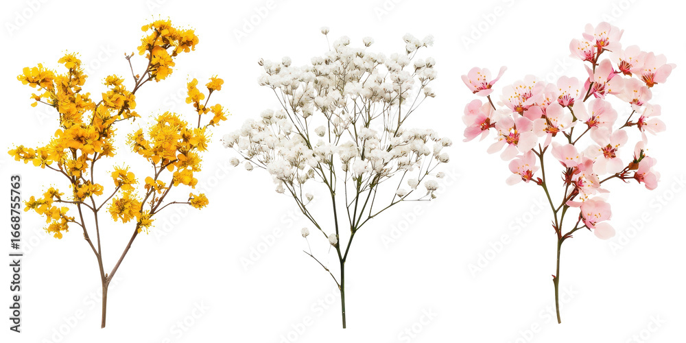 Obraz premium Floral set small sprigs of yellow Berberis Thunbergii, pink Chamelaucium, and white gypsophila isolated on a white transparent background