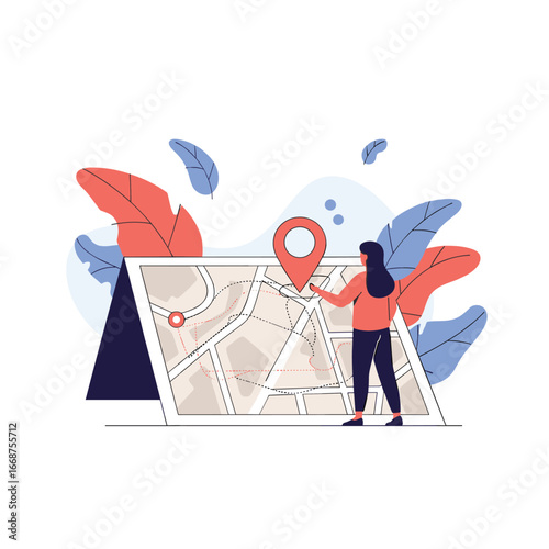 Woman pinpointing location on folded map using digital technology for navigation and exploration
