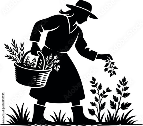 Silhouette of a person foraging with a basket of herbs