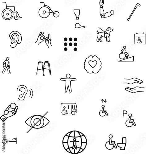 Set of 25 minimalist line art icons on accessibility and disability: wheelchair, prosthetics, hearing aid, braille, guide dog, ramps, mental health, and more. Perfect for inclusive design.