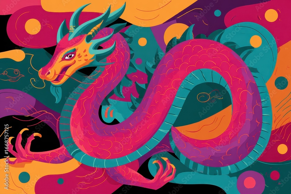 Obraz premium Vibrant Dragon Illustration with Abstract Shapes and Bold Colors