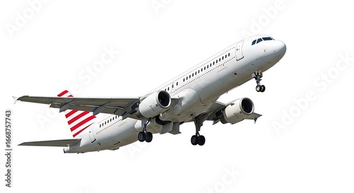 Passenger jet with red striped tail ascends against a clean, simple transparent background