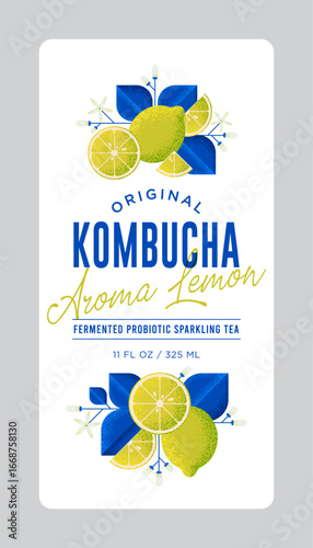 Kombucha label. Lemone flavor. Rounded white label for with letters and lemon fruits.