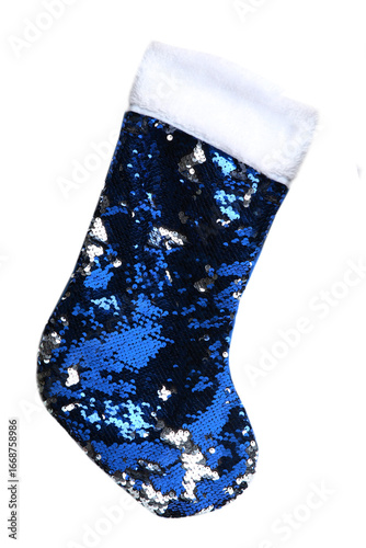 Blue and silver reversible sequin Christmas stocking with faux fur cuff on white