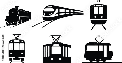 Black silhouette vector set of trains through time, including a steam locomotive, modern high-speed bullet train, and a subway car.