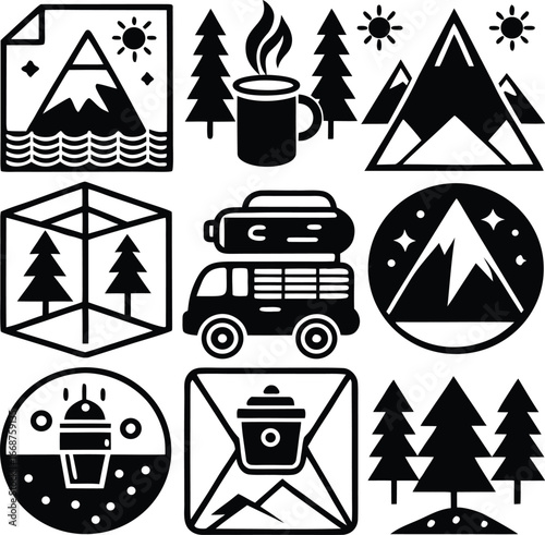 Adventure and nature icons collection camping hiking travel outdoor activity symbols for design projects