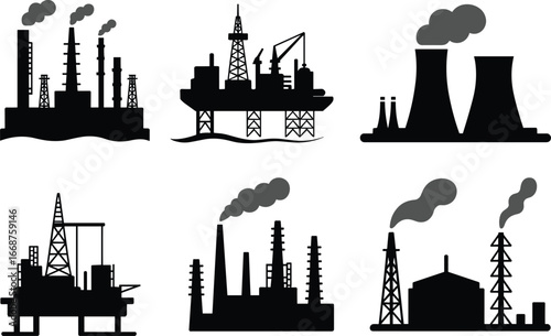 Black silhouette vector set of industrial factory buildings, oil rigs, and power plants, representing energy production and pollution concepts,