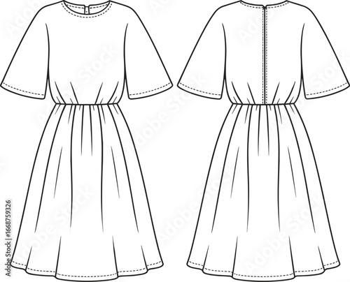 A technical flat fashion sketch of a flared sleeve dress with elastic waist, featuring front and back views for fashion design projects.