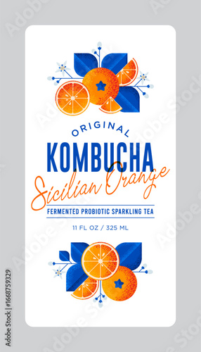 Kombucha label. Orange flavor. Rounded white label for with letters and orange fruits.