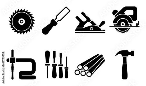 Collection of Black and White Icons of Carpentry and Construction Tools