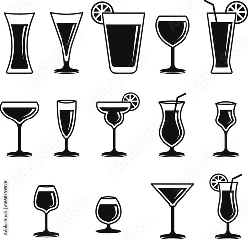 Black and white vector icon set of various cocktail glasses and bar drinkware for creative projects, including wine, martini, and highball glasses.