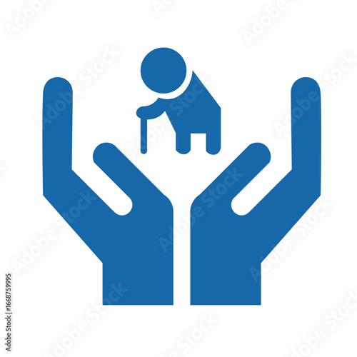 Two large blue hands cradling a small blue silhouette of an elderly person with a cane.