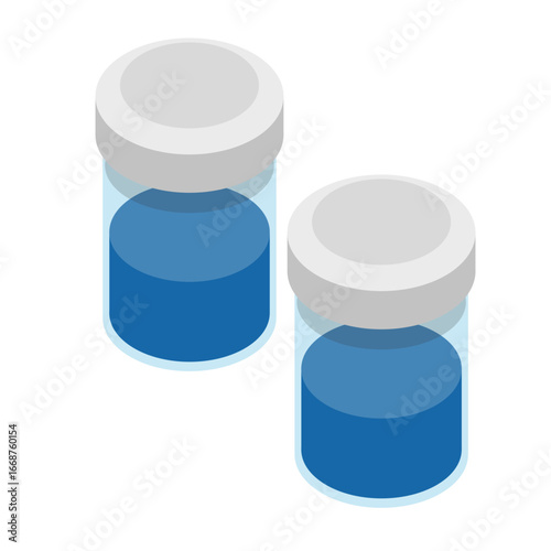 Two isometric glass vials filled with vibrant blue liquid and sealed with white caps, presented on a white background.