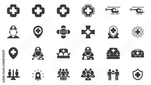 Emergency medical and healthcare icon set with ambulance, nurse, hospital, rescue, and safety symbols for medical services and apps.