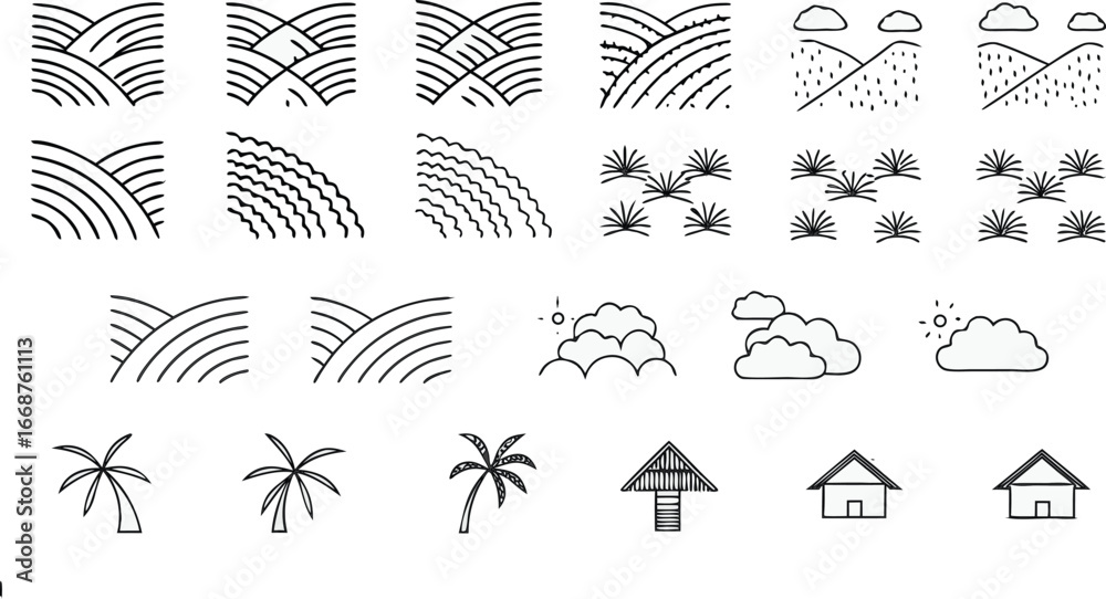 Fototapeta premium Nature and village icons set with fields, sunrise, clouds, palm trees, and houses for rural, tropical, landscape, and environment design