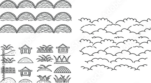 Cloud, village, and nature pattern icons set with houses, fields, grass, and landscape elements for traditional, rural, and environment design