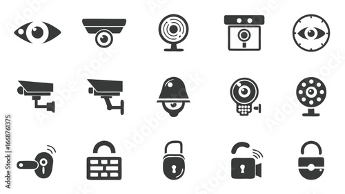 Security camera and surveillance icons set with CCTV, webcam, lock, alarm, monitoring, privacy protection, and digital safety symbols