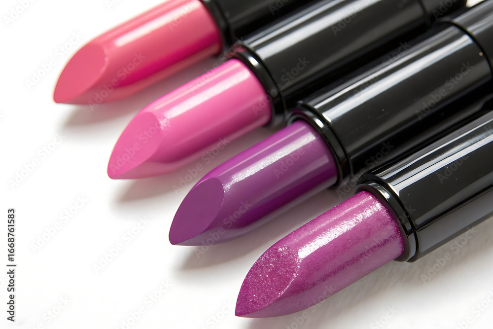 Obraz premium Collection of three new pink lipsticks on white background, copy space. Femininity, makeup, decorative cosmetic, beauty concept