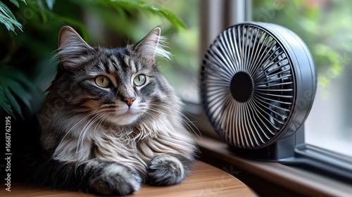 Fluffy cat by window fan