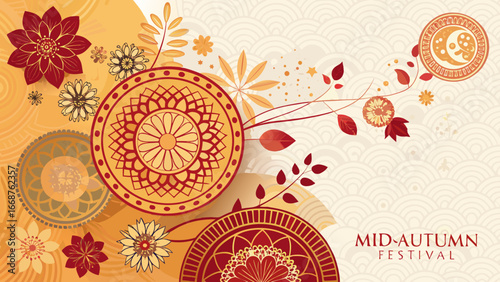 Abstract background in warm tones with circular motifs, inspired by Zhongqiu celebration shapes with copy space