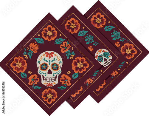 Three dark red napkins with sugar skull and floral design on transparent background
