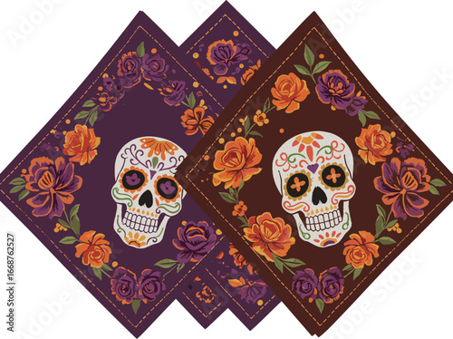 Three decorative napkins with sugar skull and floral designs on transparent background