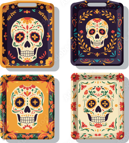 Four decorative trays with sugar skull designs on transparent background