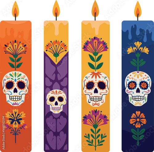 Four decorative candles with sugar skull and floral designs on transparent background
