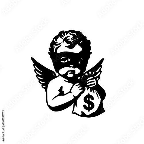 Cherub with mask and money bag embodies playful mischief and financial gain, perfect for creative concepts.