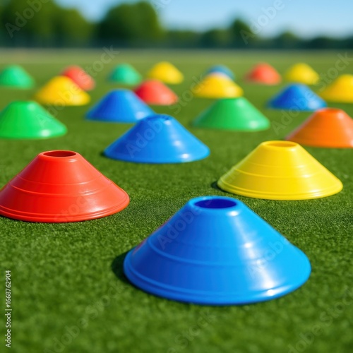 Colorful training cones on green field for soccer practice and athletic drills