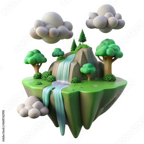 Floating island paradise with lush greenery and waterfalls
